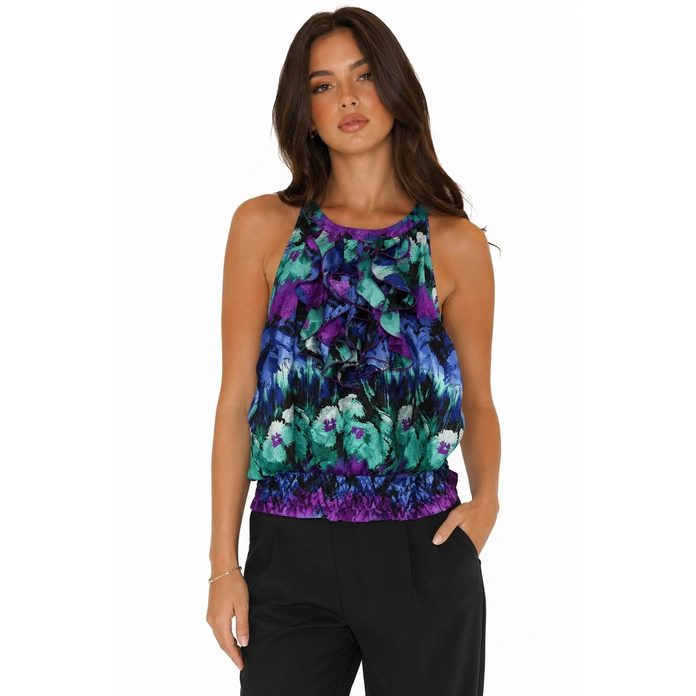The Limited XL‎ Halter Blouse Purple Teal Abstract Floral Ruffle Smocked Hem Top